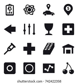 16 vector icon set : report, atom, car pointer, dollar pin, left arrow, equalizer, wineglass, brick, ring button, cherry