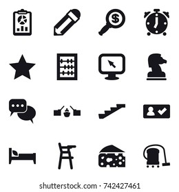 16 vector icon set : report, pencil, dollar magnifier, alarm clock, star, abacus, monitor arrow, chess horse, discussion, drawbridge, stairs, check in, bed, Chair for babies, cheese, vacuum cleaner