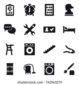 16 vector icon set : report, alarm clock, abacus, chess horse, discussion, pencil wrench, check in, bed, Chair for babies, washing machine, stairs, walnut crack, vacuum cleaner, toilet brush