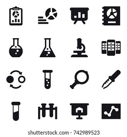 16 vector icon set : report, diagram, presentation, annual report, round flask, flask, microscope, server, quantum bond, vial, magnifier