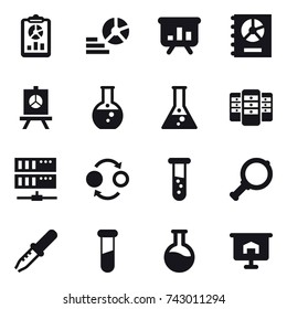 16 vector icon set : report, diagram, presentation, annual report, round flask, flask, server, quantum bond, vial, magnifier