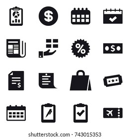 16 vector icon set : report, dollar, calendar, newspaper, gift, percent, money, account balance, shopping list, shopping bag, ticket