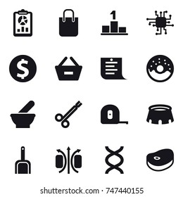 16 vector icon set : report, shopping bag, pedestal, chip, dollar coin, remove from basket, shopping list, donut, measuring tape, stadium, scoop