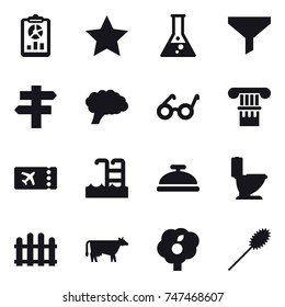 16 vector icon set : report, star, flask, funnel, singlepost, column, ticket, pool, service bell, toilet, fence, cow, garden, duster