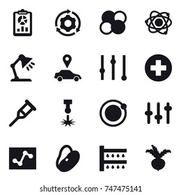 16 vector icon set : report, around gear, atom core, atom, table lamp, car pointer, equalizer, watering, beet