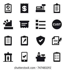 16 vector icon set : report, receipt, cashbox, clipboard, atm receipt, list, detector, mobile checking, reception, clipboard list