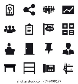 16 vector icon set : report, share, team, statistic, group, clipboard, store signboard, calculator, door, table, rack, skyscrapers cleaning