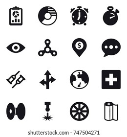 16 Vector Icon Set : Report, Circle Diagram, Alarm Clock, Stopwatch, Eye, Spinner, Dollar Pin, Ballon, Earth, First Aid, Wheel, Paper Towel