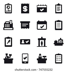 16 vector icon set : report, receipt, calendar, clipboard, cashbox, atm receipt, check in, detector, baggage checking, inspector, mobile checking, reception, clipboard list