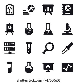 16 vector icon set : report, diagram, presentation, annual report, round flask, flask, microscope, server, vial, magnifier