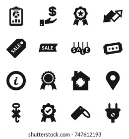 16 vector icon set : report, investment, medal, up down arrow, sale label, sale, ticket, info, smart house