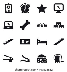 16 vector icon set : report, alarm clock, star, monitor arrow, notebook, drawbridge, block wall, stairs, check in, bed, garlic clasp, walnut crack, cheese, vacuum cleaner
