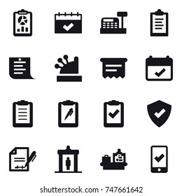 16 vector icon set : report, calendar, cashbox, clipboard, shopping list, atm receipt, detector, baggage checking, mobile checking