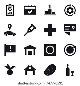 16 vector icon set : report, calendar, pedestal, around gear, car pointer, ring button, beet, barn, potato, wine