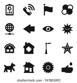 16 vector icon set : report, call, flag, atom core, globe connect, left arrow, house, smart house, outdoor light, starfish, dog, home, flower, hand drop