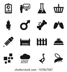 16 vector icon set : report, presentation, flask, basket, spark plug, pencil, gothic architecture, fence, service bell, rain cloud, goose, wasp