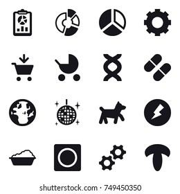 16 vector icon set : report, circle diagram, diagram, gear, add to cart, baby stroller, disco ball, dog, electricity, washing, ring button