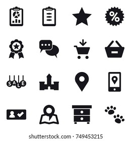 16 vector icon set : report, clipboard, star, percent, medal, discussion, add to cart, remove from basket, sale, castle, check in, map, nightstand, pets
