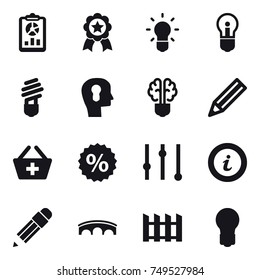 16 vector icon set : report, medal, bulb, bulb head, bulb brain, pencil, add to basket, percent, equalizer, info, bridge, fence