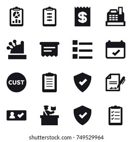 16 vector icon set : report, clipboard, receipt, cashbox, atm receipt, list, check in, inspector, clipboard list