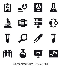 16 vector icon set : report, diagram, annual report, flask, microscope, server, quantum bond, vial, magnifier, presentation