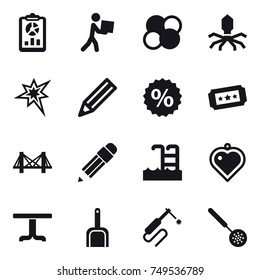 16 vector icon set : report, courier, atom core, virus, bang, pencil, percent, ticket, bridge, pool, heart pendant, table, scoop, skimmer