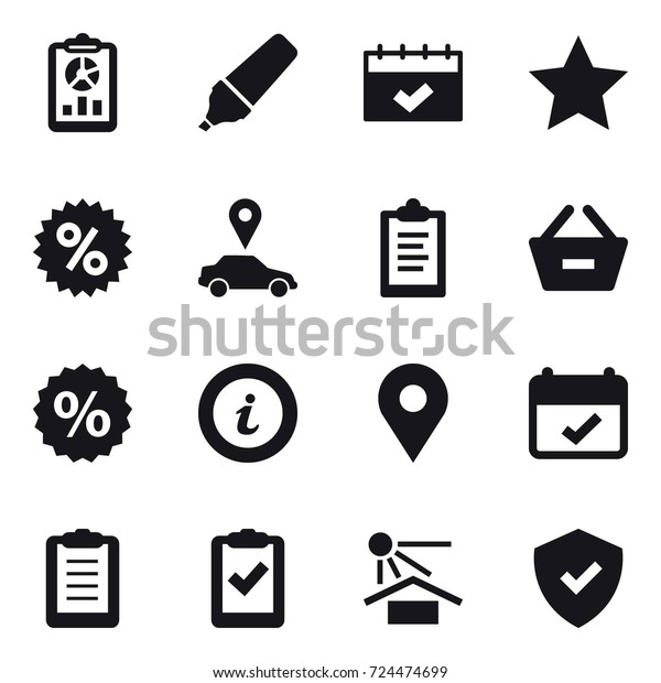 16 vector\
icon set : report, marker, calendar, star, percent, car pointer,\
clipboard, remove from basket,\
info