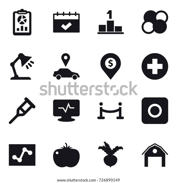 16 vector icon set : report, calendar, pedestal,\
atom core, table lamp, car pointer, dollar pin, vip fence, ring\
button, beet, barn