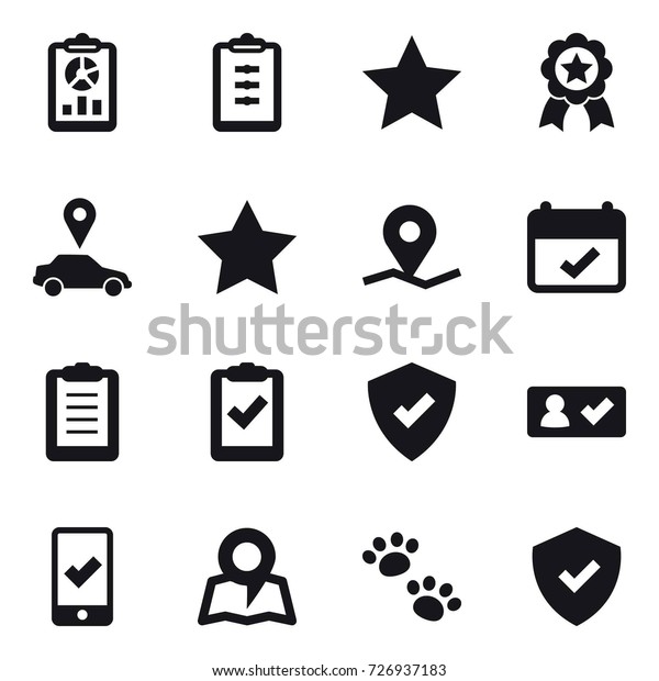 16 vector icon set :\
report, clipboard, star, medal, car pointer, check in, mobile\
checking, map, pets