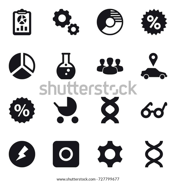 16 vector icon set : report, gear, circle diagram,\
percent, diagram, round flask, group, car pointer, baby stroller,\
electricity, ring button