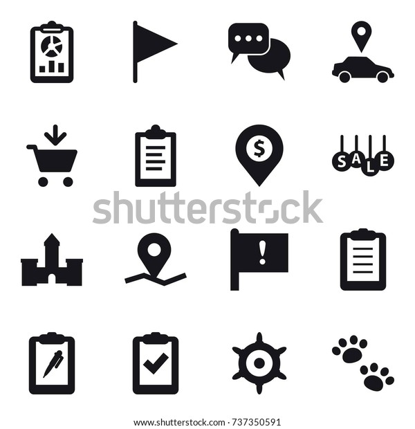 16 vector icon set : report, flag, discussion, car\
pointer, add to cart, clipboard, dollar pin, sale, castle,\
handwheel, pets
