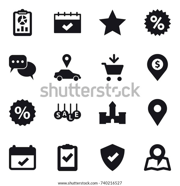 16\
vector icon set : report, calendar, star, percent, discussion, car\
pointer, add to cart, dollar pin, sale, castle,\
map