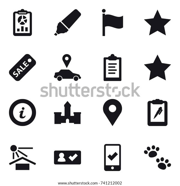 16 vector icon set : report, marker, flag, star,\
sale, car pointer, clipboard, info, castle, check in, mobile\
checking, pets