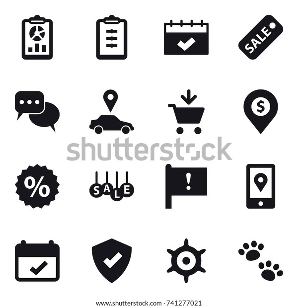 16 vector icon set : report, clipboard, calendar,\
sale, discussion, car pointer, add to cart, dollar pin, percent,\
handwheel, pets