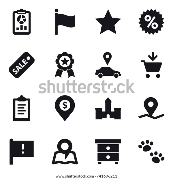 16 vector icon set : report, flag, star,\
percent, sale, medal, car pointer, add to cart, clipboard, dollar\
pin, castle, map, nightstand,\
pets