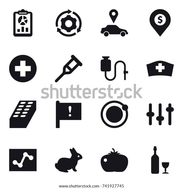 16 vector icon set : report,\
around gear, car pointer, dollar pin, brick, rabbit, tomato,\
wine