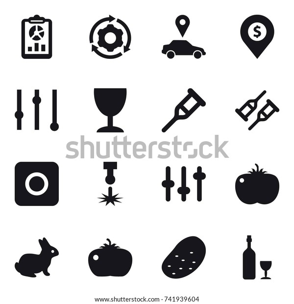 16 vector icon set : report, around gear, car\
pointer, dollar pin, equalizer, wineglass, ring button, rabbit,\
tomato, potato, wine