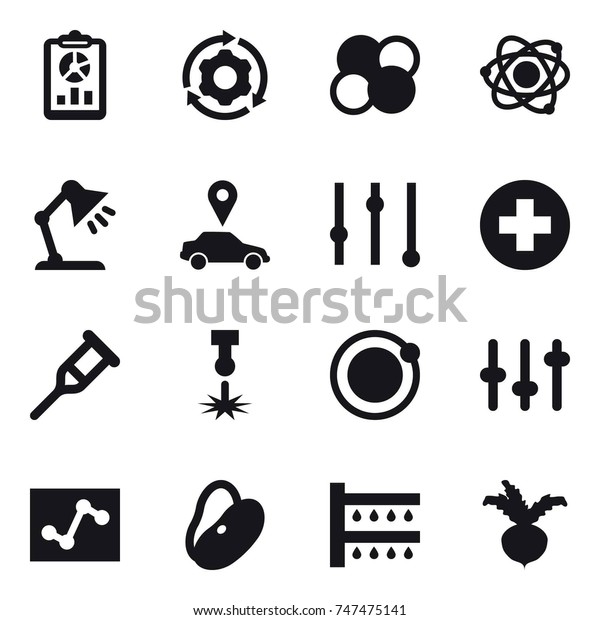 16 vector icon set\
: report, around gear, atom core, atom, table lamp, car pointer,\
equalizer, watering, beet