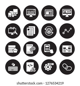 16 vector icon set : Responsive, Image SEO, Js, Keyboard and mouse, Landing page, Hyperlink, Php, Mysql, Optimization isolated on black background