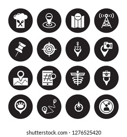 16 vector icon set : Restaurant, No waiting, Path A to B, Pet Zone Point, Pharmacy Pin, stopping, Push pin, Placeholder, Port isolated on black background