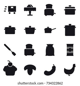 16 vector icon set : restaurant, toaster, pan, saute pan, spatula, mushroom, eggplant, chicken