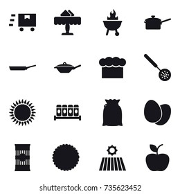 16 vector icon set : restaurant, bbq, saute pan, pan, chef  hat, skimmer, field, apple