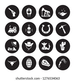 16 vector icon set : Revolver, Wooden Coffin, Barrel, Bull skull, Cactus, Whip, Locomotive, Desert, Horseshoe isolated on black background