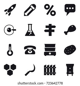 16 vector icon set : rocket, pencil, percent, message, cell corection, flask, singlepost, chicken leg, thermometer, phone, honeycombs, sickle, fence, hive