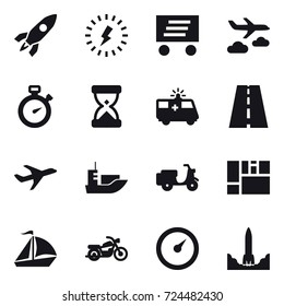 16 vector icon set : rocket, lightning, delivery, journey, stopwatch, sail boat, motorcycle, barometer