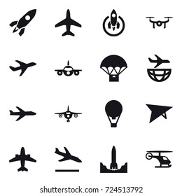 16 vector icon set : rocket, plane, drone, air ballon, deltaplane, airplane, arrival