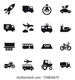 16 vector icon set : rocket, truck, eco car, delivery, journey, bus, taxi, bike, motorcycle, transfer, tractor, sweeper