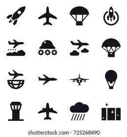 16 vector icon set : rocket, plane, parachute, weather management, lunar rover, journey, air ballon, airport tower, airplane, rain cloud, clean  window