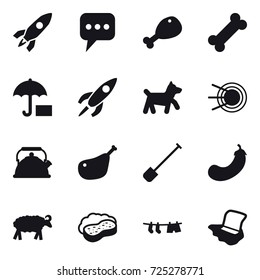 16 vector icon set : rocket, message, chicken leg, dog, kettle, shovel, eggplant, sheep, sponge with foam, drying clothe, floor washing