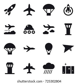 16 vector icon set : rocket, plane, parachute, weather management, lunar rover, journey, airport tower, air ballon, deltaplane, airplane, rain cloud, clean  window